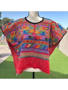 Vintage Guatemala Huipile Quetzal Birds Woven Textile Poncho